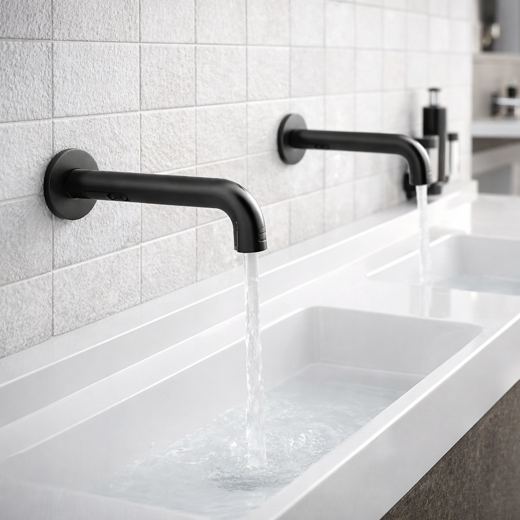 FS10100MB wall sensor faucet in a commercial restroom setting